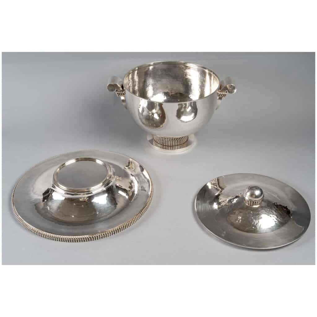Jean Desprès – Centre De Table Soupière Métal Argenté Martelé Perlé 9