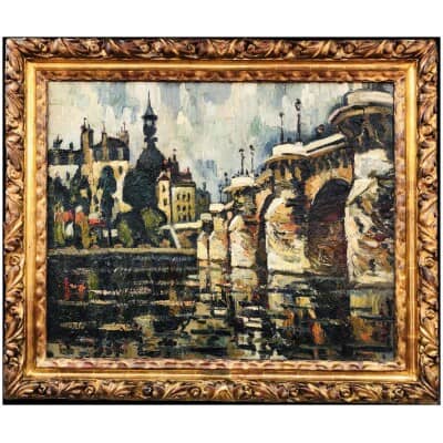 DUMONT Pierre Tableau 20ème siècle Paris le Pont Neuf sur La Seine Peinture Huile sur toile signée 3