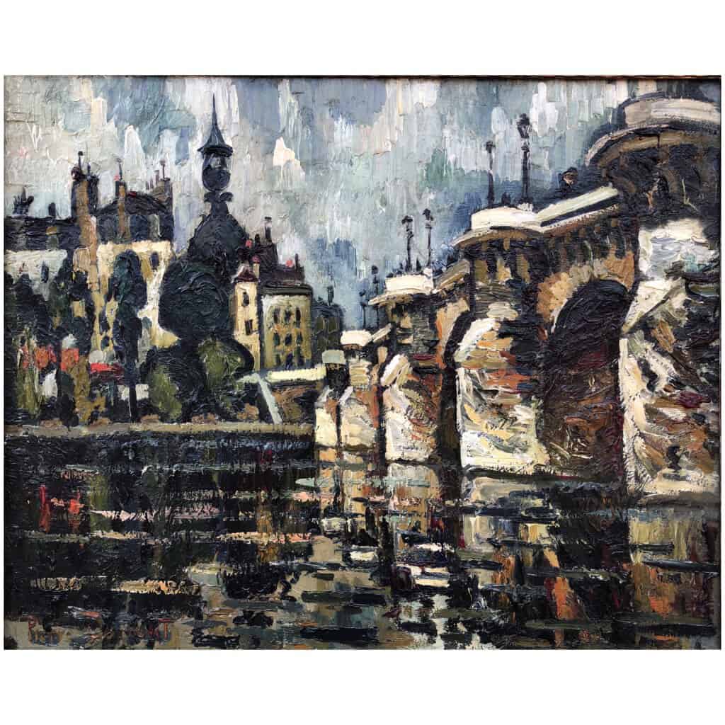 DUMONT Pierre Tableau 20ème siècle Paris le Pont Neuf sur La Seine Peinture Huile sur toile signée 9