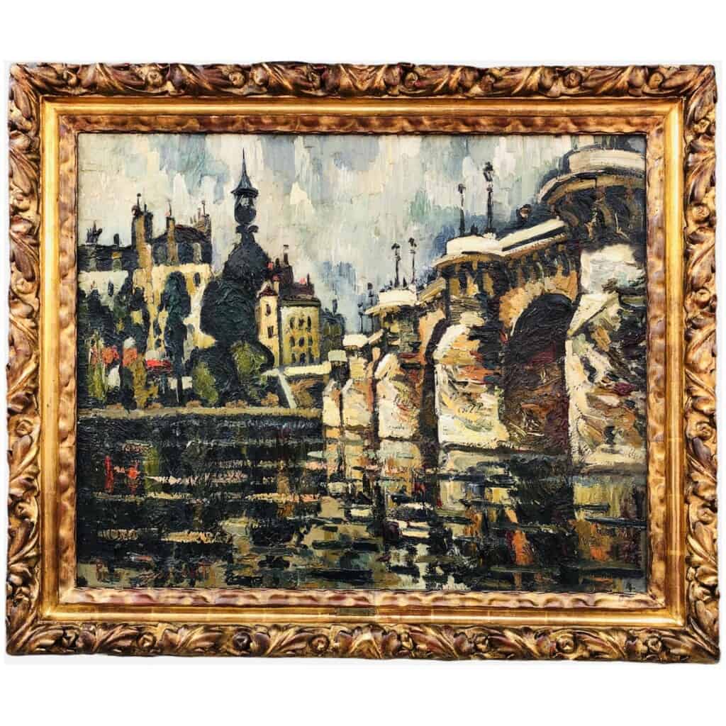 DUMONT Pierre Tableau 20ème siècle Paris le Pont Neuf sur La Seine Peinture Huile sur toile signée 5