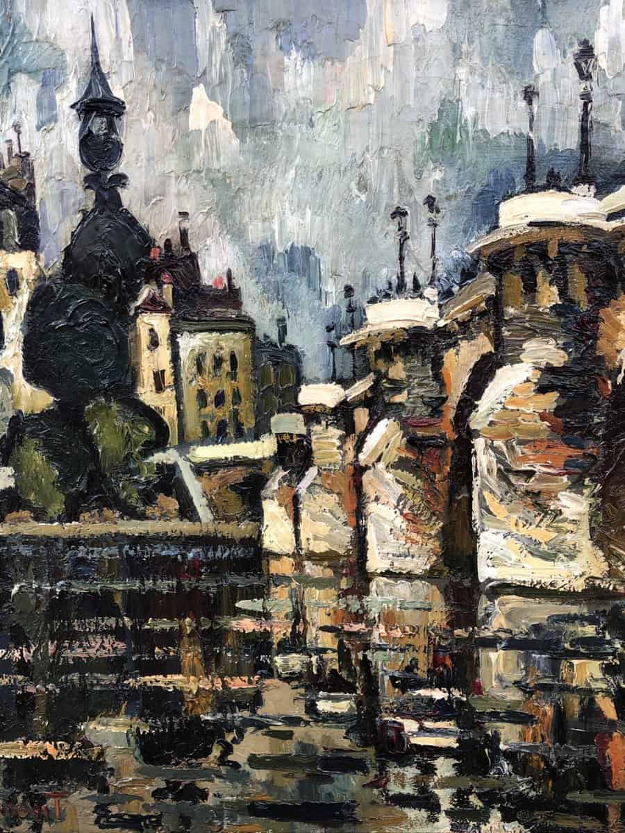 Tableau Peinture Huile Pont Neuf Ensoleillé Paris Paysage Debut XXe 