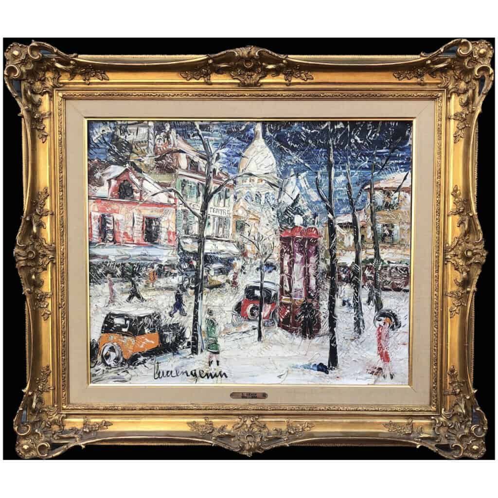 GENIN Lucien Peinture 20ème siècle Vue de Paris Montmartre La Place du Tertre en hiver Tableau XXème Huile sur toile signée 4