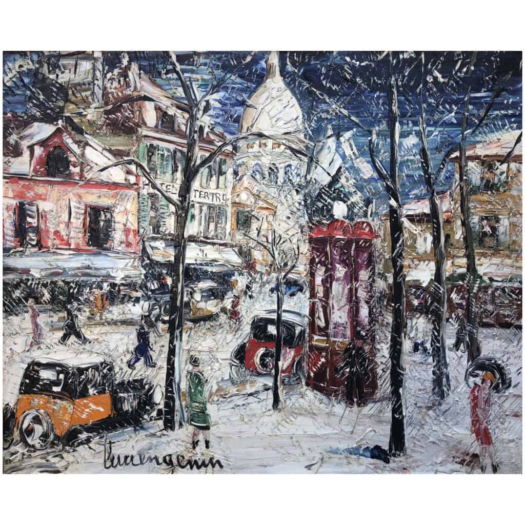 GENIN Lucien Peinture 20ème siècle Vue de Paris Montmartre La Place du Tertre en hiver Tableau XXème Huile sur toile signée 9