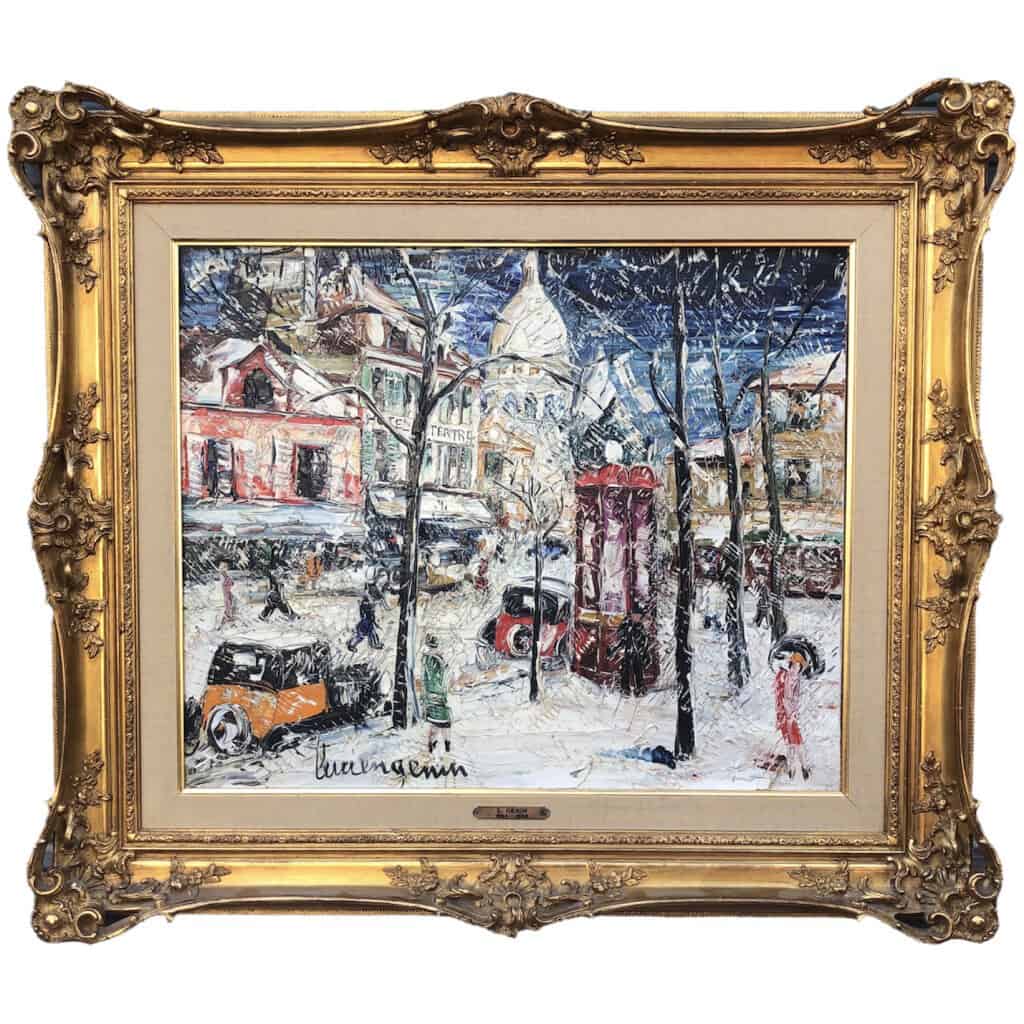 GENIN Lucien Peinture 20ème siècle Vue de Paris Montmartre La Place du Tertre en hiver Tableau XXème Huile sur toile signée 5