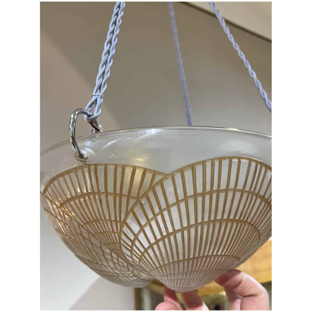 1921 René Lalique – Suspension Plafonnier Lustre Coquilles Verre Blanc Patiné Sépia 9