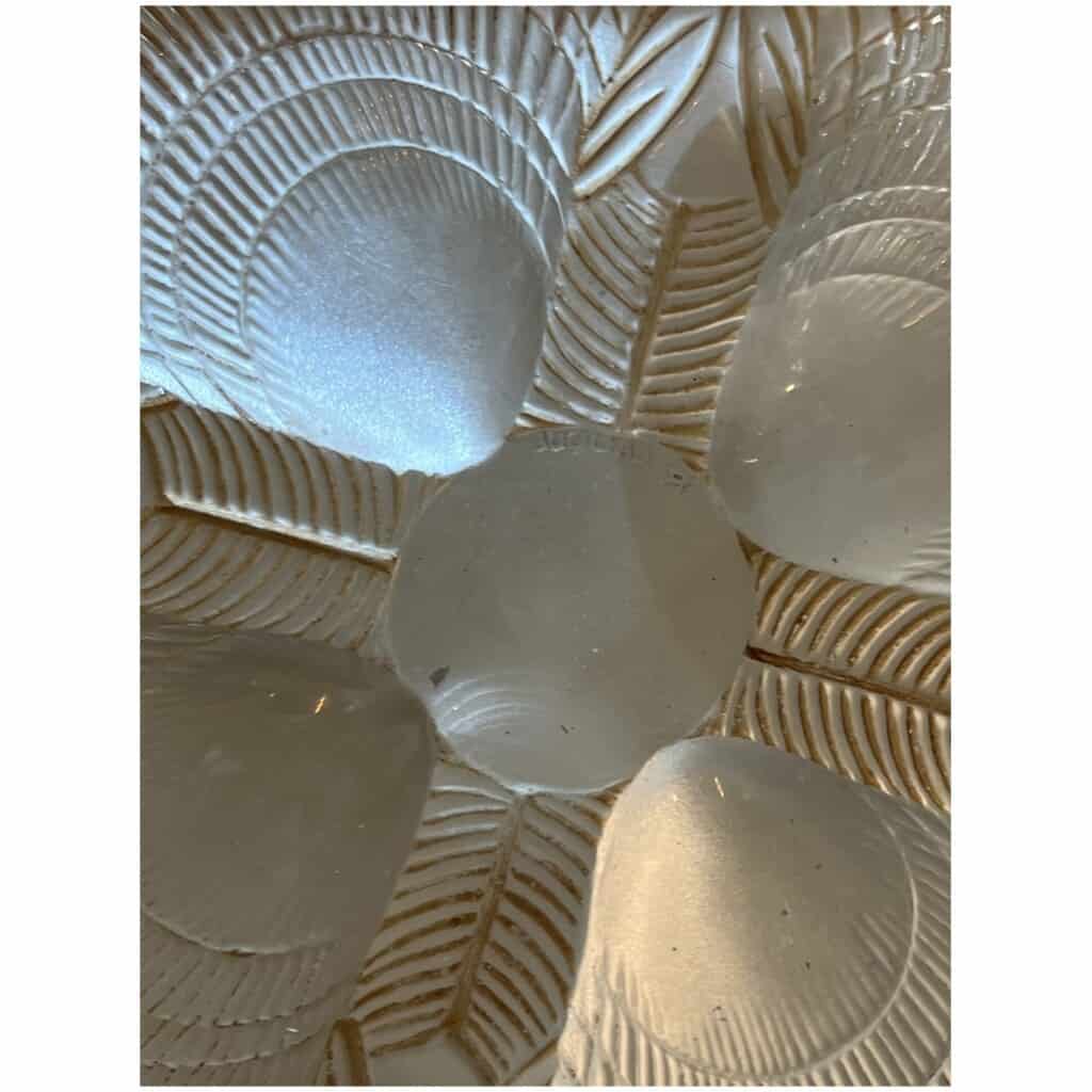 1921 René Lalique – Suspension Plafonnier Lustre Coquilles Verre Blanc Patiné Sépia 10