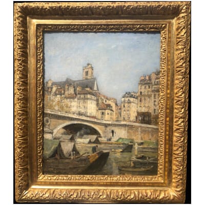 LEPINE Stanislas Paris, Le pont Louis Philippe en 1878 Huile sur toile signée catalogue raisonné N°54