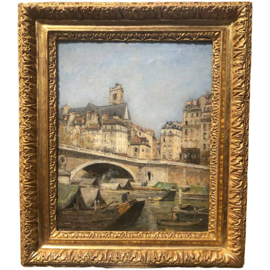 LEPINE Stanislas Paris, The Louis Philippe bridge in 1878 Oil on canvas signed catalog raisonné N°54 5