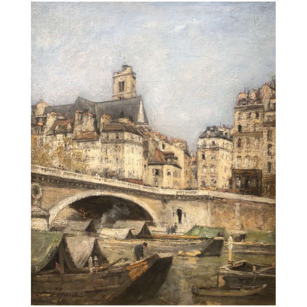 LEPINE Stanislas Paris, The Louis Philippe bridge in 1878 Oil on canvas signed catalog raisonné N°54 13