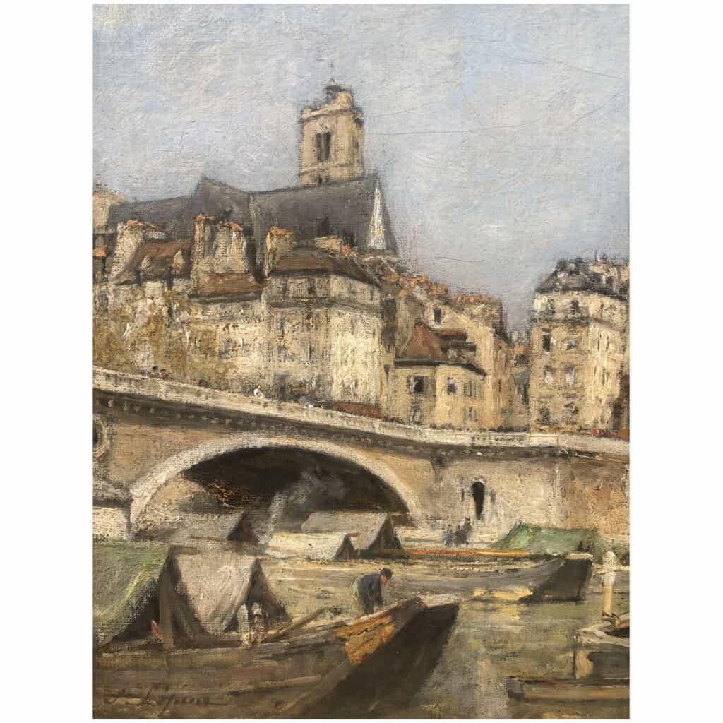 LEPINE Stanislas Paris, The Louis Philippe bridge in 1878 Oil on canvas signed catalog raisonné N°54 10