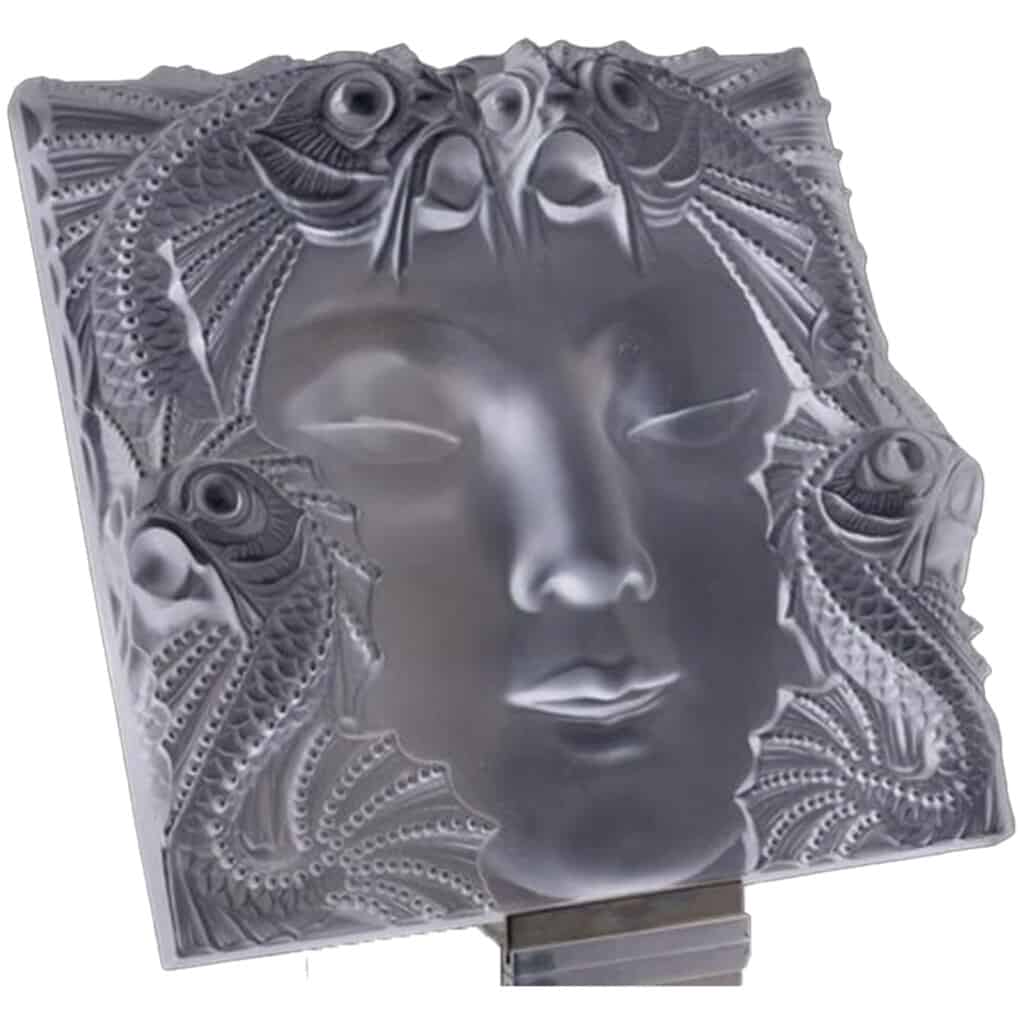 Lalique France: "Woman's Mask" Decorative Plate, Metal Support 6