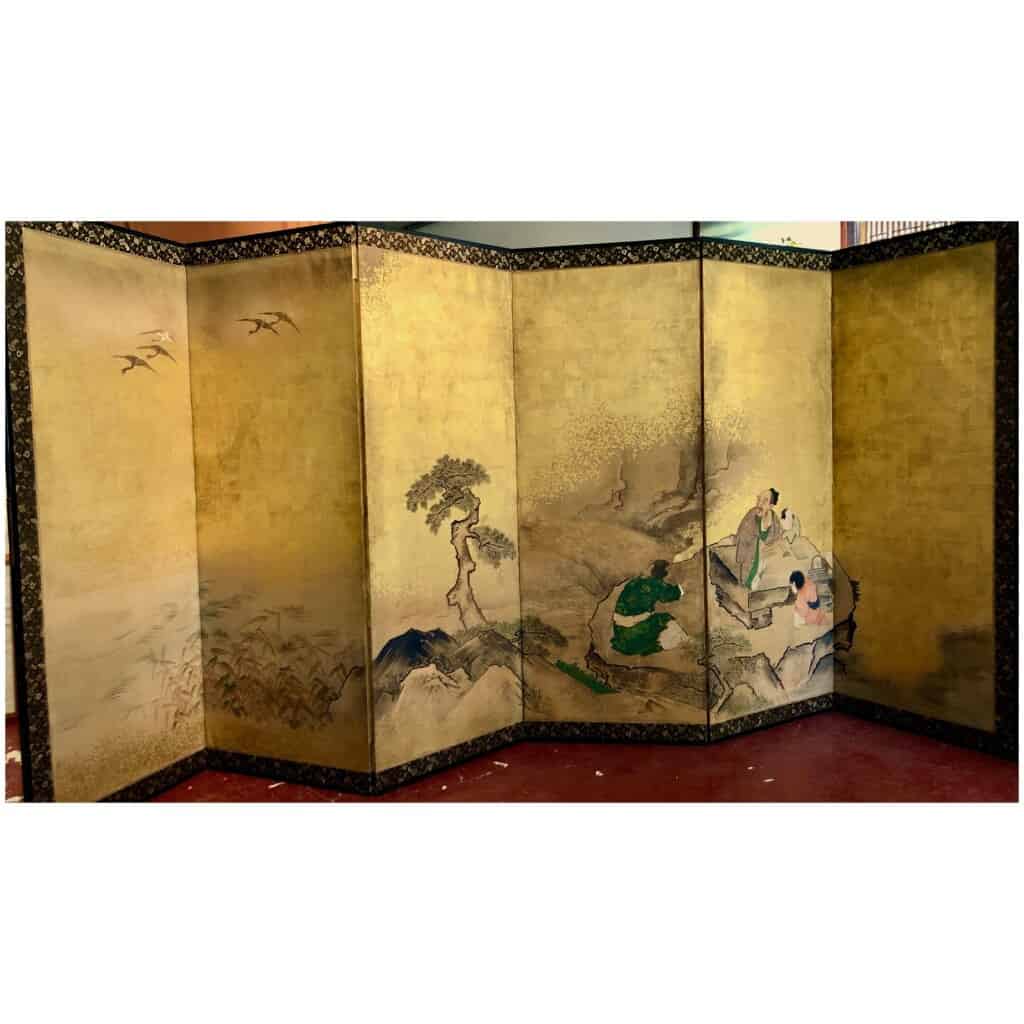 Paravent japonais à 6 panneaux d’un lettré 18ème/19ème siècle 6