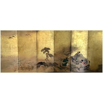 Paravent japonais à 6 panneaux d’un lettré 18ème/19ème siècle