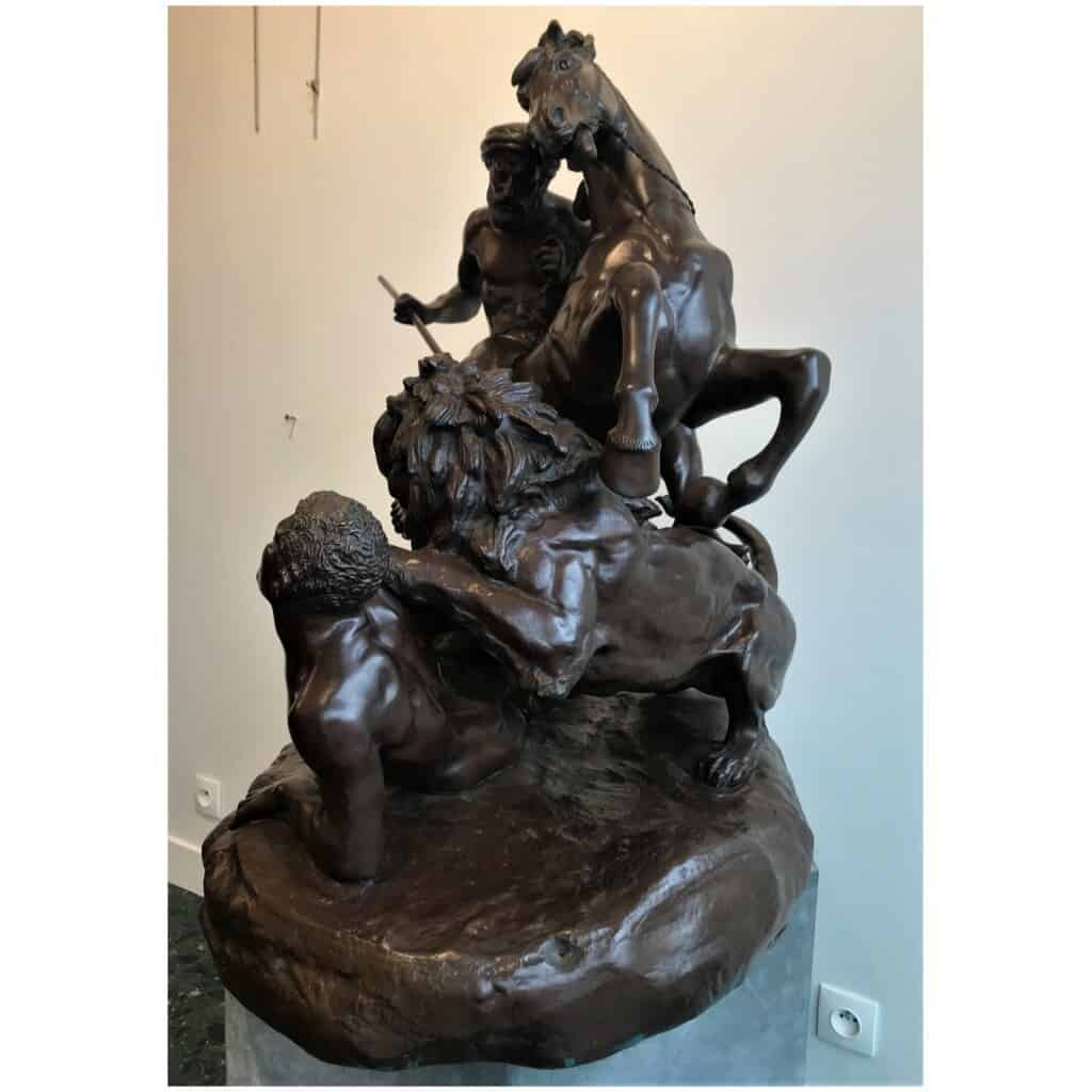 "Arab Horseman Saving a Man Attacked by a Lion" Bronze Sculpture by Aimé Millet, XIXth 11