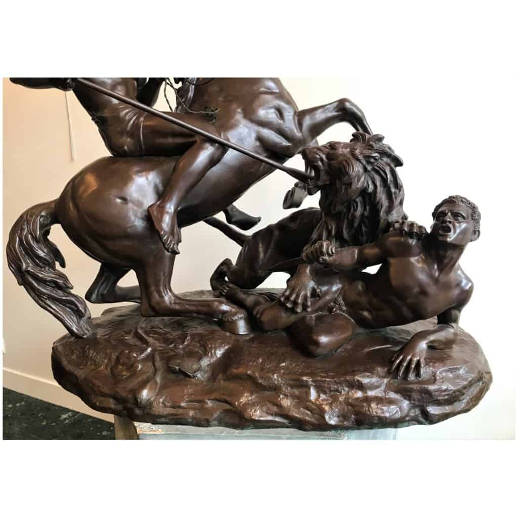 "Arab Horseman Saving a Man Attacked by a Lion" Bronze Sculpture by Aimé Millet, XIXth 5