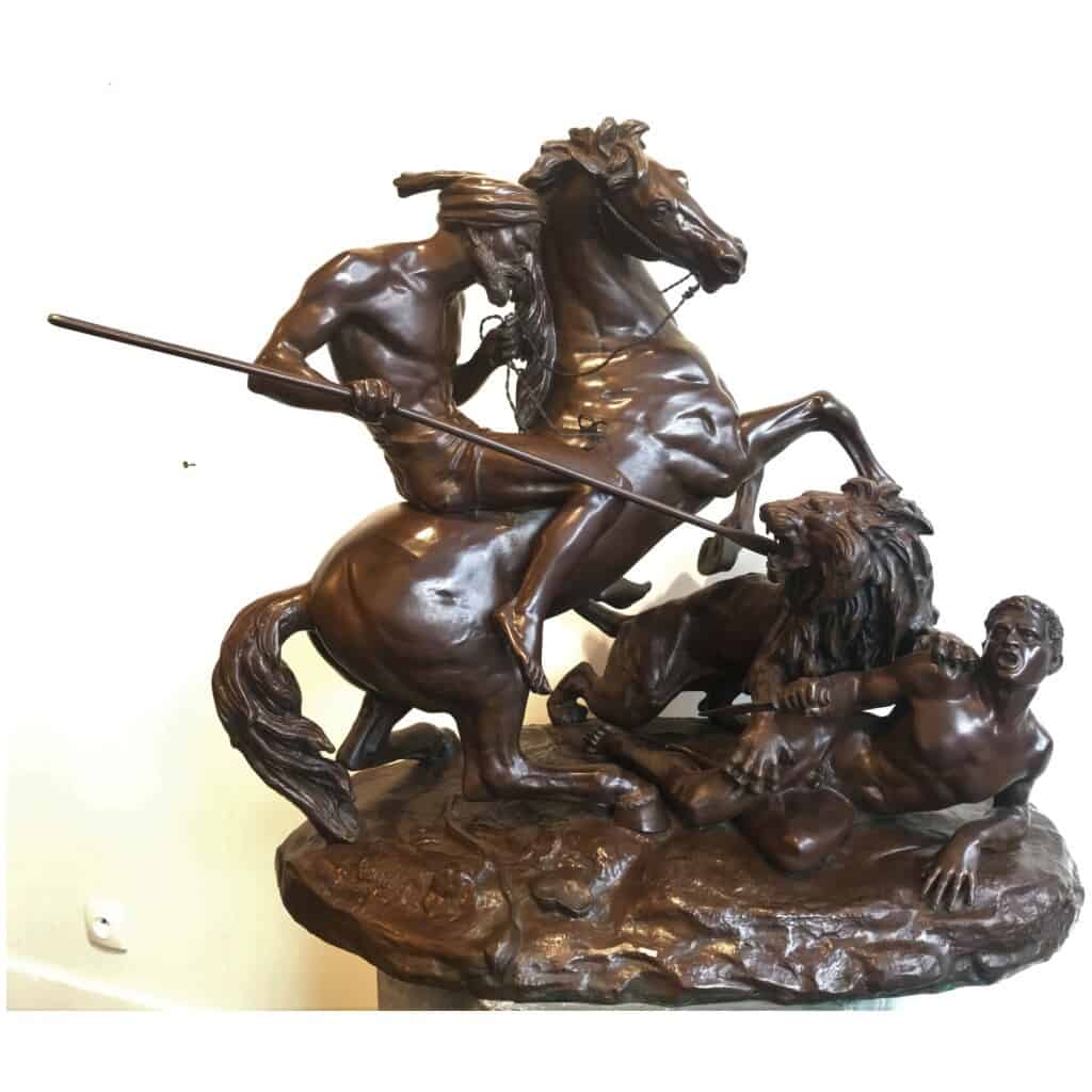 « Cavalier arabe sauvant un homme attaqué par un lion » Sculpture en Bronze par Aimé Millet, XIXème 3