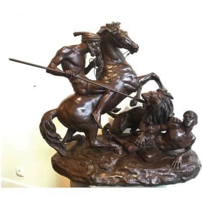 « Cavalier arabe sauvant un homme attaqué par un lion » Sculpture en Bronze par Aimé Millet, XIXème