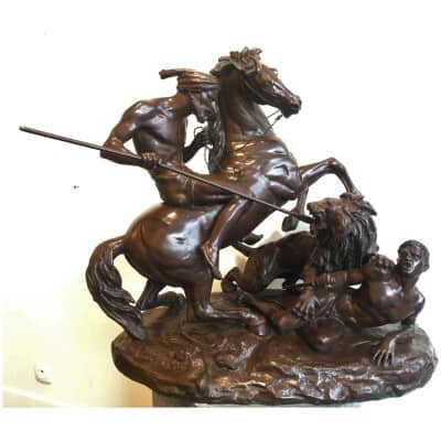 "Arab Horseman Saving a Man Attacked by a Lion" Bronze Sculpture by Aimé Millet, XIXnd