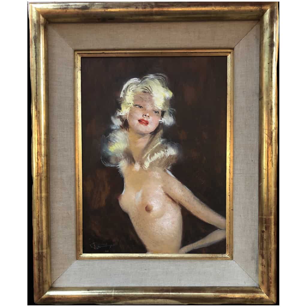 DOMERGUE Jean Gabriel Tableau XXème Siècle Peinture Mondaine Jolie blonde en buste Huile sur isorel signée 3
