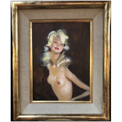 DOMERGUE Jean Gabriel Tableau XXème Siècle Peinture Mondaine Jolie blonde en buste Huile sur isorel signée