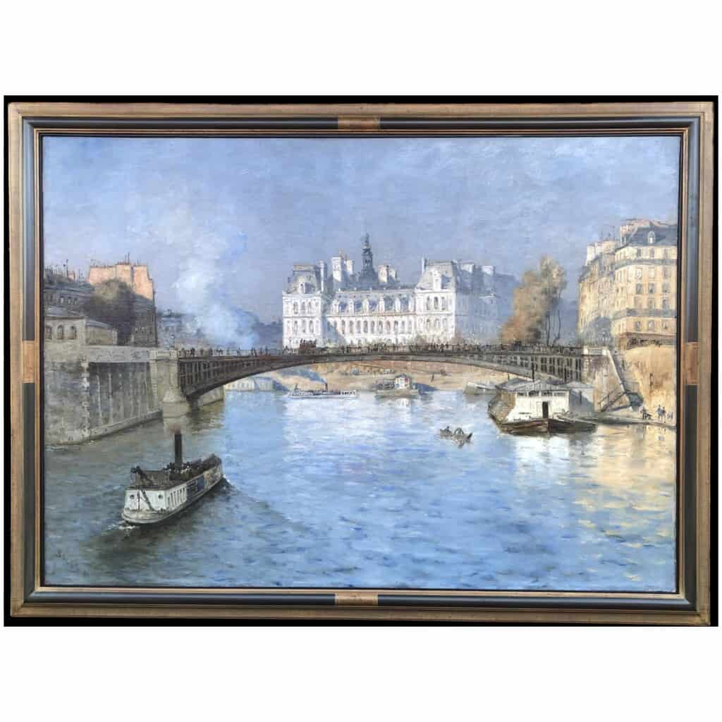 FRANK BOGGS Ecole Américaine Paris l’Hôtel de Ville vu du pont d’Arcole Huile sur toile signée 4