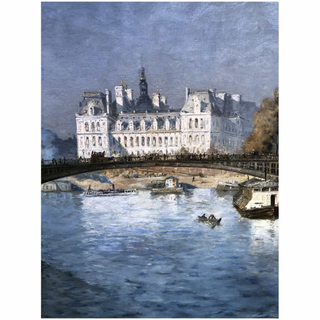 FRANK BOGGS Ecole Américaine Paris l’Hôtel de Ville vu du pont d’Arcole Huile sur toile signée 15