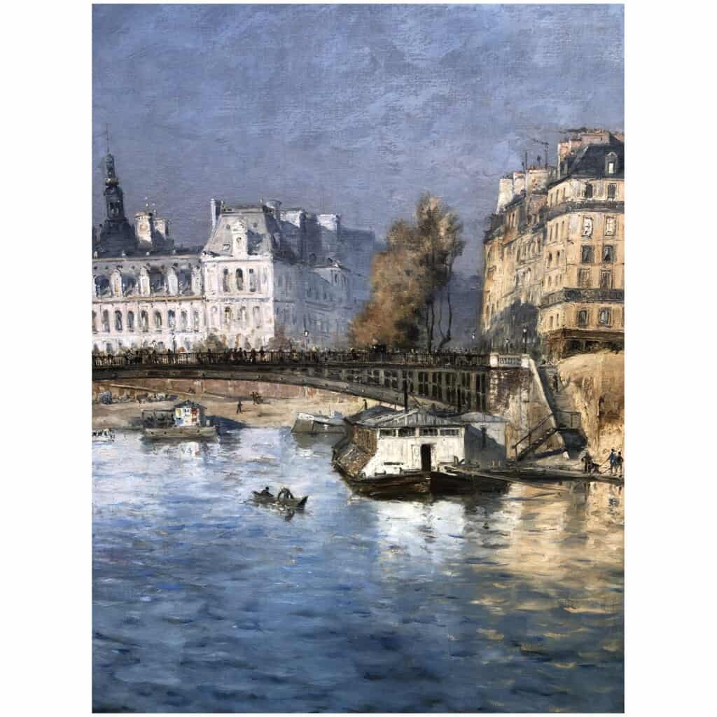 FRANK BOGGS Ecole Américaine Paris l’Hôtel de Ville vu du pont d’Arcole Huile sur toile signée 14