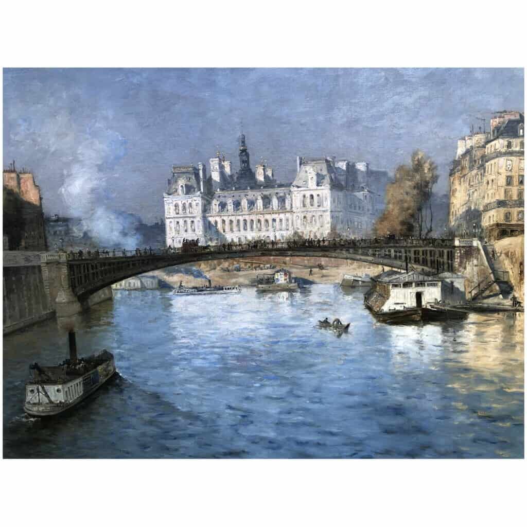 FRANK BOGGS Ecole Américaine Paris l’Hôtel de Ville vu du pont d’Arcole Huile sur toile signée 13