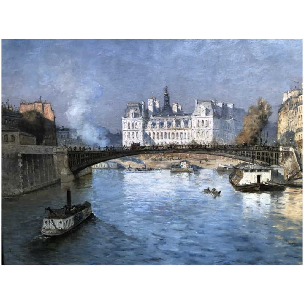 FRANK BOGGS Ecole Américaine Paris l’Hôtel de Ville vu du pont d’Arcole Huile sur toile signée 5