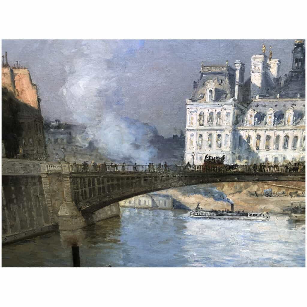 FRANK BOGGS Ecole Américaine Paris l’Hôtel de Ville vu du pont d’Arcole Huile sur toile signée 7