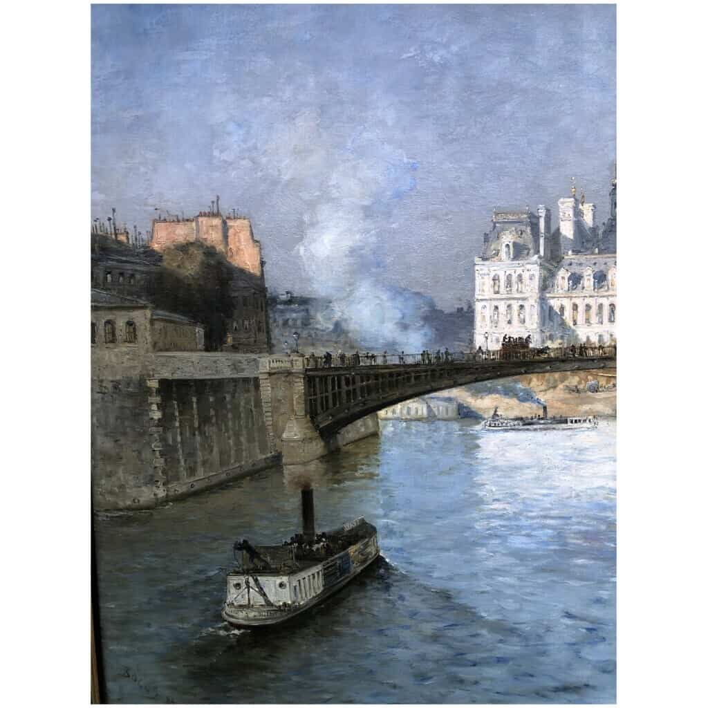 FRANK BOGGS Ecole Américaine Paris l’Hôtel de Ville vu du pont d’Arcole Huile sur toile signée 16