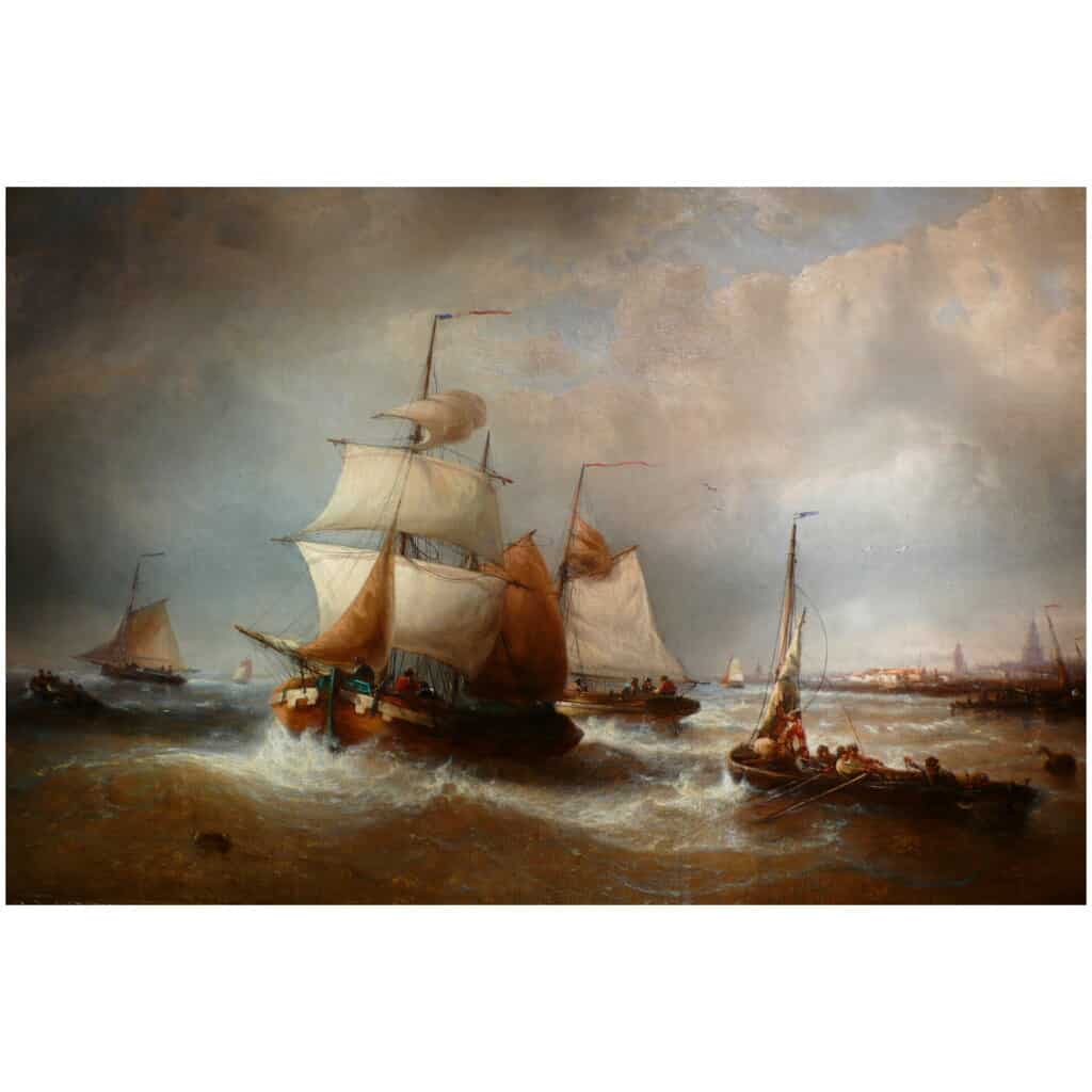 MUSIN François Ecole Belge 19è Marine Navires Quittant Le Port Peinture XIXè Huile Toile Signée 7
