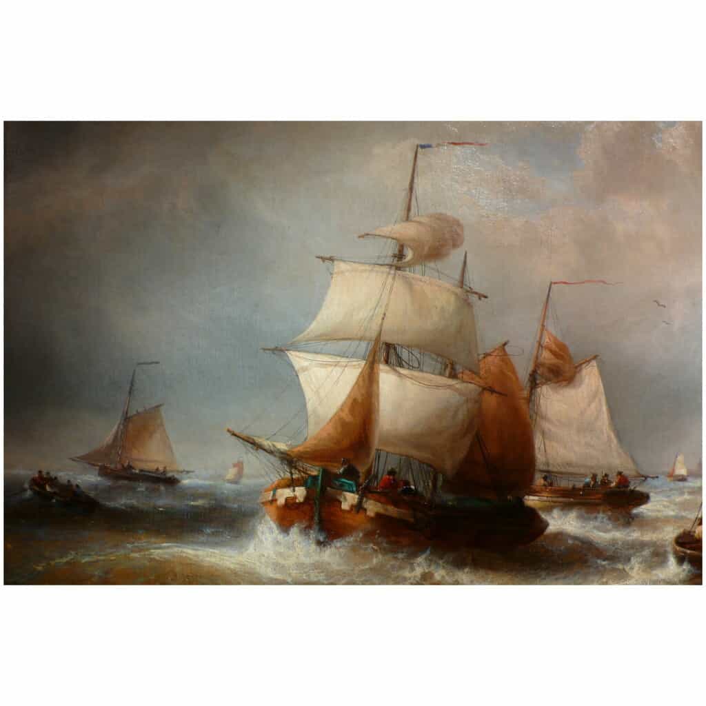 MUSIN François Belgian School 19th Navy Ships Leaving The Port Painting XIXè Oil Canvas Signed 6