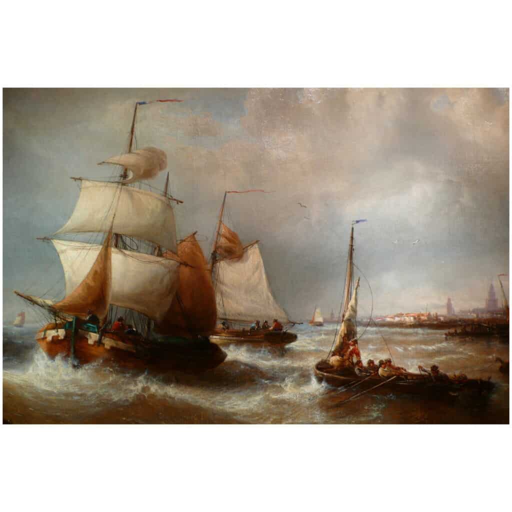 MUSIN François Ecole Belge 19è Marine Navires Quittant Le Port Peinture XIXè Huile Toile Signée 4