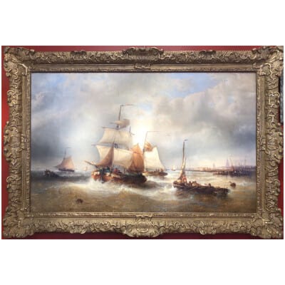 MUSIN François Ecole Belge 19è Marine Navires Quittant Le Port Peinture XIXè Huile Toile Signée