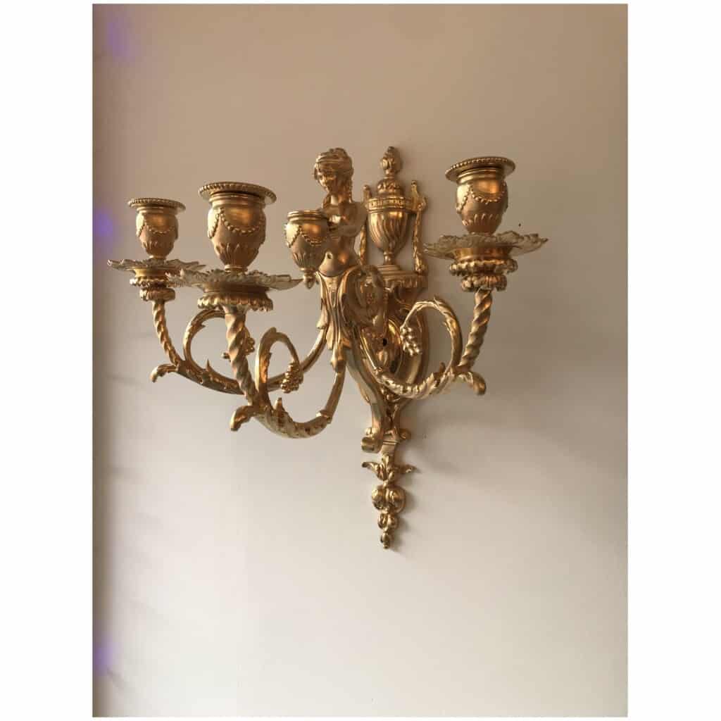 Pair of three-armed gilt bronze sconces, Louis style XVI 8