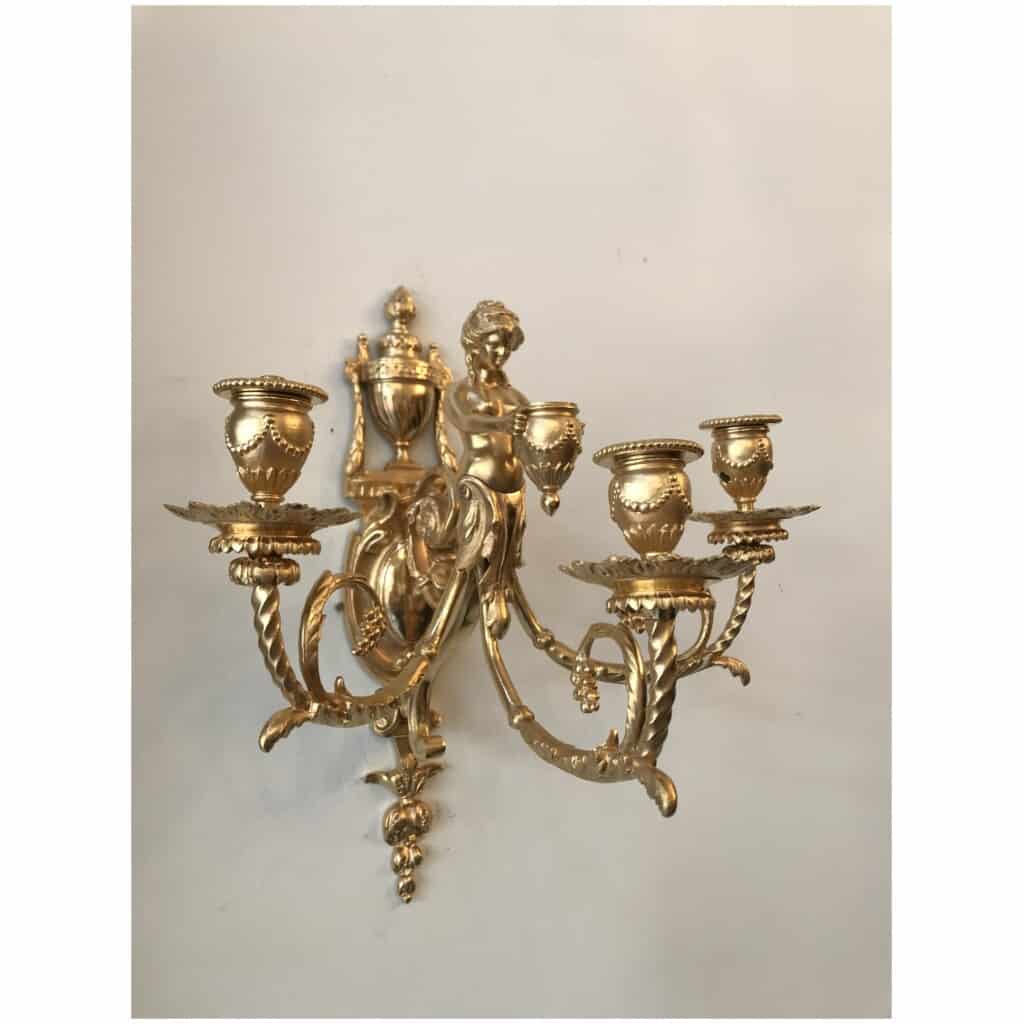 Pair of three-armed gilt bronze sconces, Louis style XVI 3