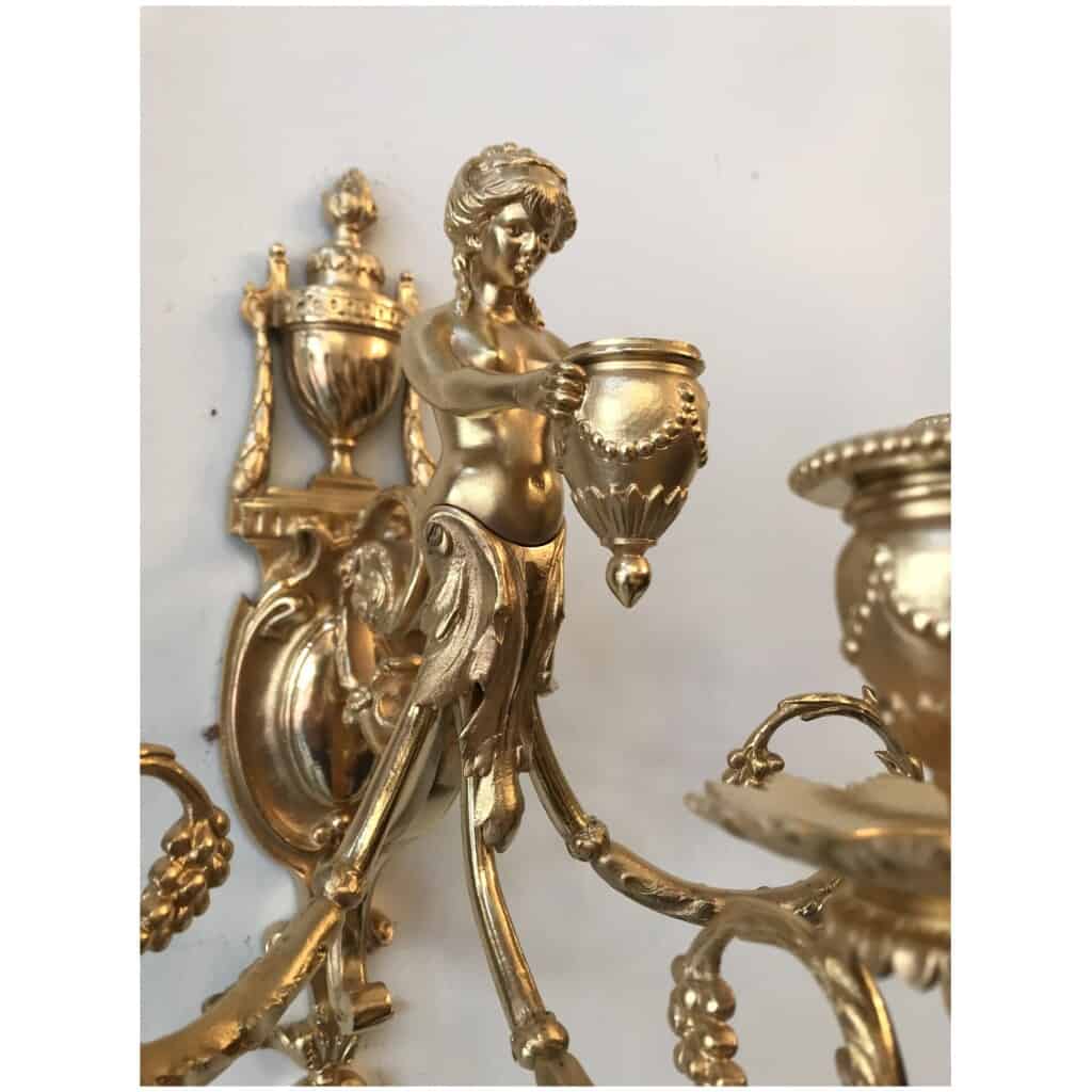 Pair of three-armed gilt bronze sconces, Louis style XVI 5