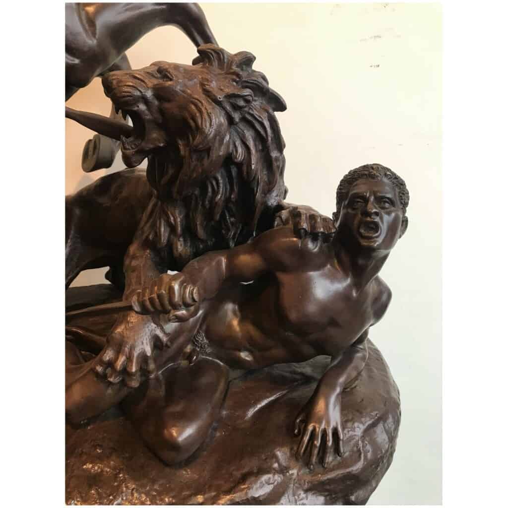 "Arab Horseman Saving a Man Attacked by a Lion" Bronze Sculpture by Aimé Millet, XIXth 8