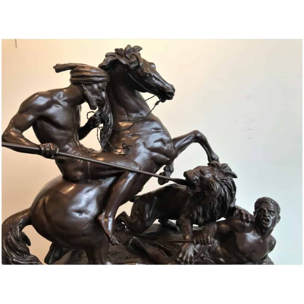 "Arab Horseman Saving a Man Attacked by a Lion" Bronze Sculpture by Aimé Millet, XIXth 6