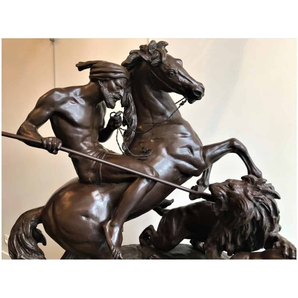 "Arab Horseman Saving a Man Attacked by a Lion" Bronze Sculpture by Aimé Millet, XIXth 7