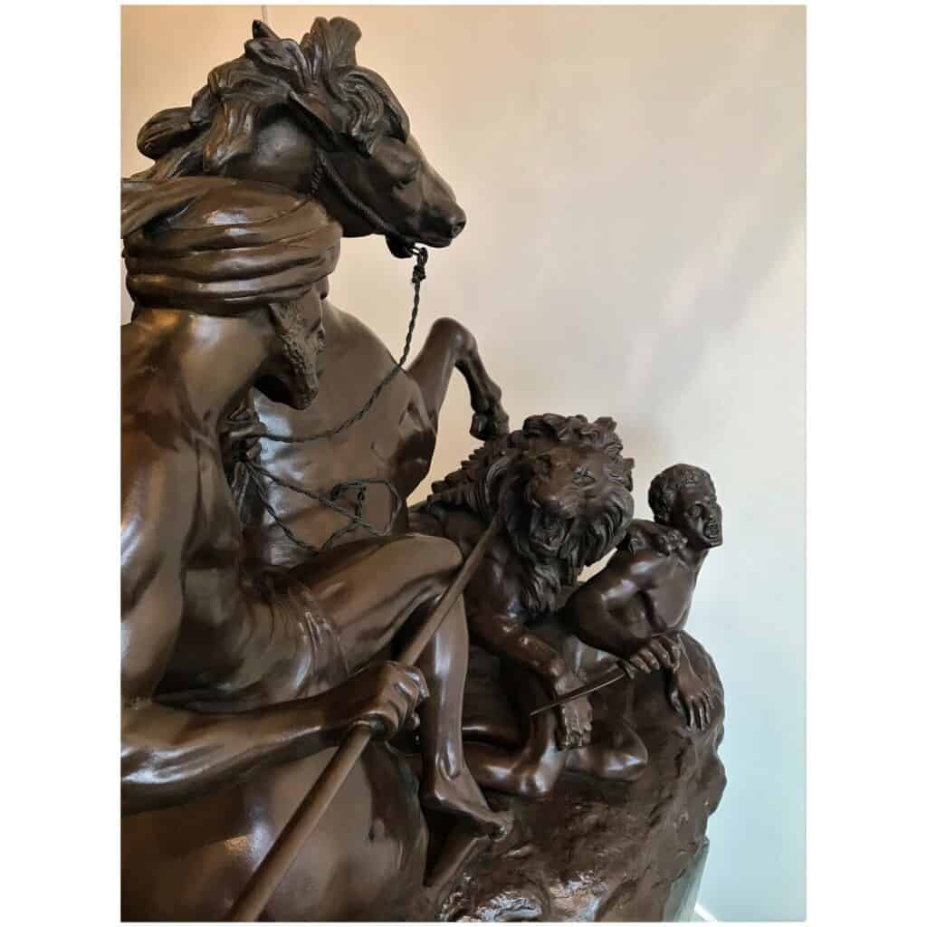 "Arab Horseman Saving a Man Attacked by a Lion" Bronze Sculpture by Aimé Millet, XIXth 9