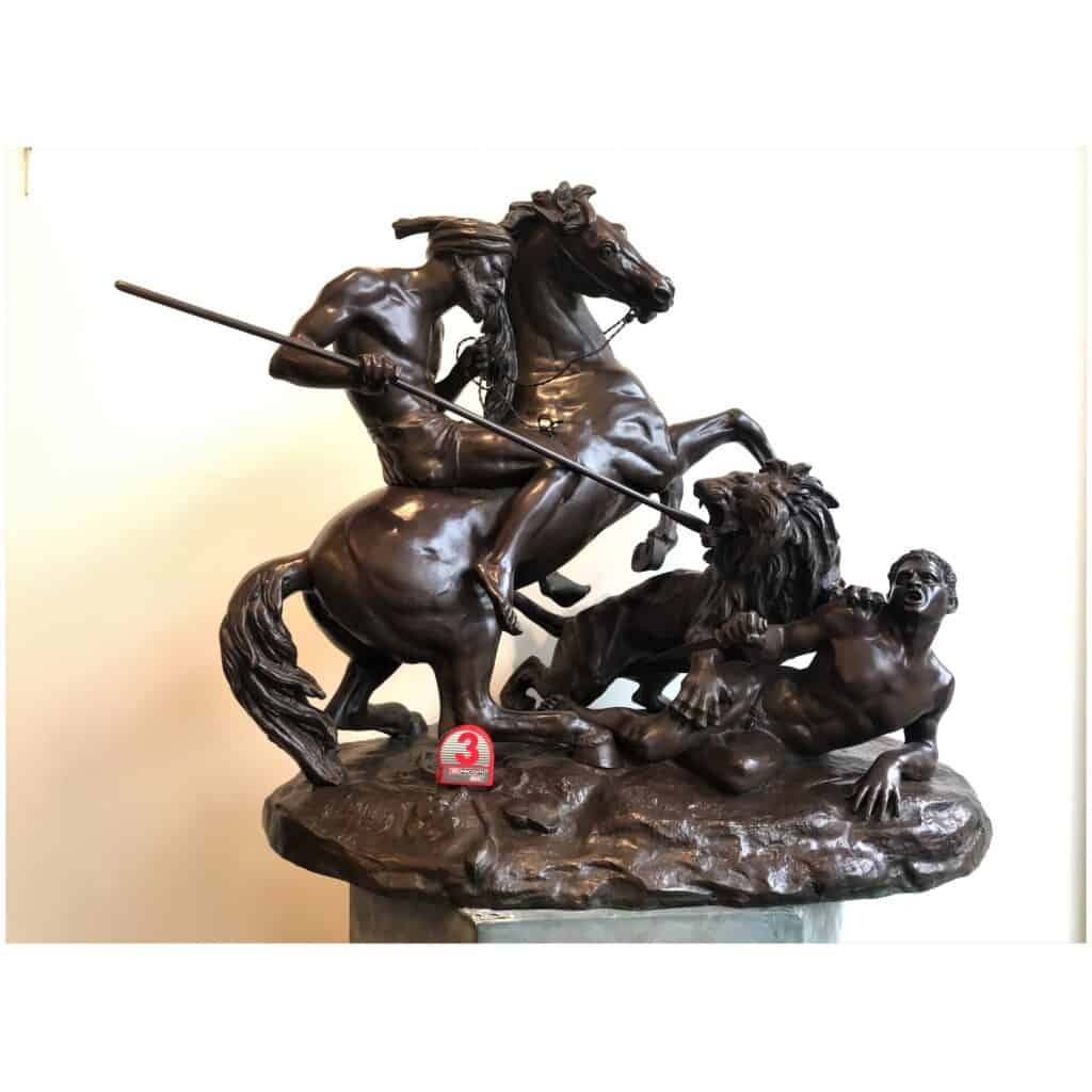 "Arab Horseman Saving a Man Attacked by a Lion" Bronze Sculpture by Aimé Millet, XIXth 4