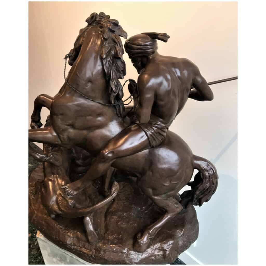 "Arab Horseman Saving a Man Attacked by a Lion" Bronze Sculpture by Aimé Millet, XIXth 10