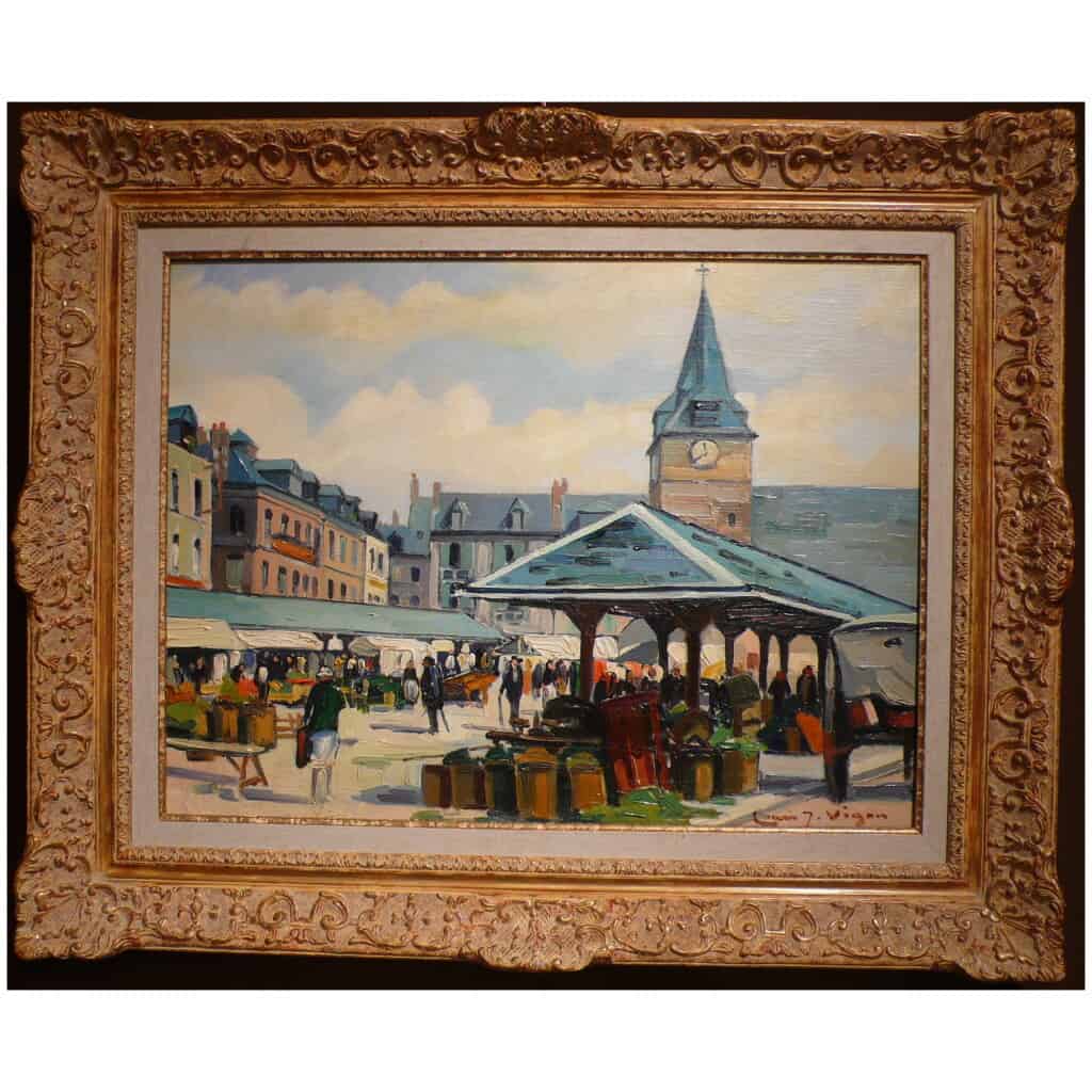 Vigon Louis Table 20th Rouen School Place Du Marche Villers Sur Mer Oil Canvas Signed 3