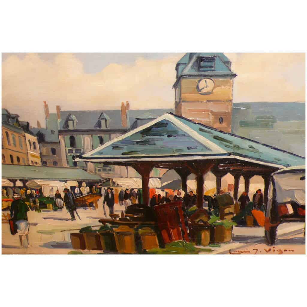 Vigon Louis Table 20th Rouen School Place Du Marche Villers Sur Mer Oil Canvas Signed 4