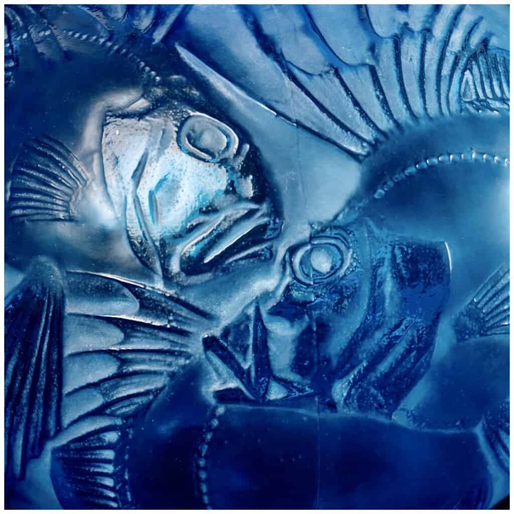 1921 René Lalique – Vase Poissons Verre Bleu Electrique Patiné Blanc 13