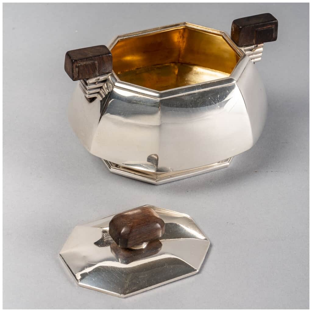 1930 Puiforcat - Tea And Coffee Service With Cut Sides In Sterling Silver And Rosewood 16