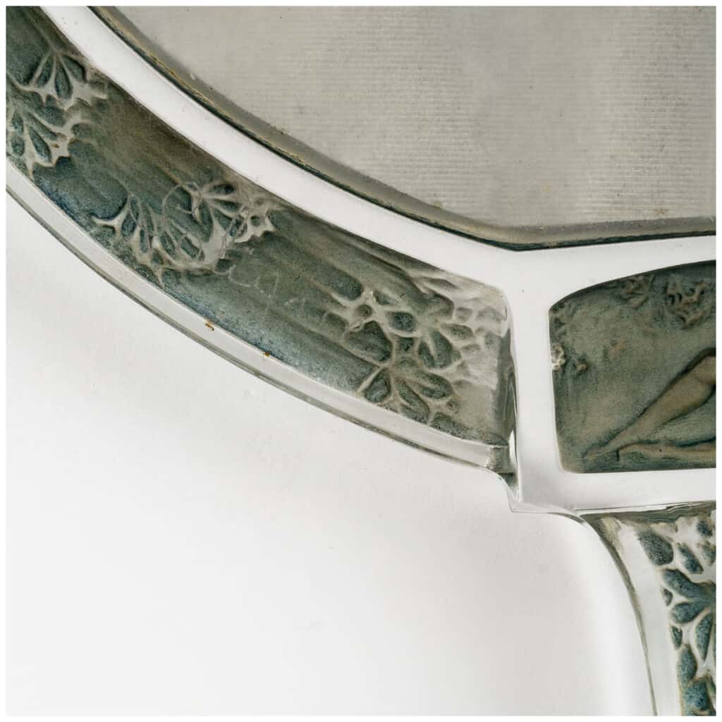 1912 René Lalique – Miroir Narcisse Verre Blanc Patiné Bleu Vert + Coffret 13