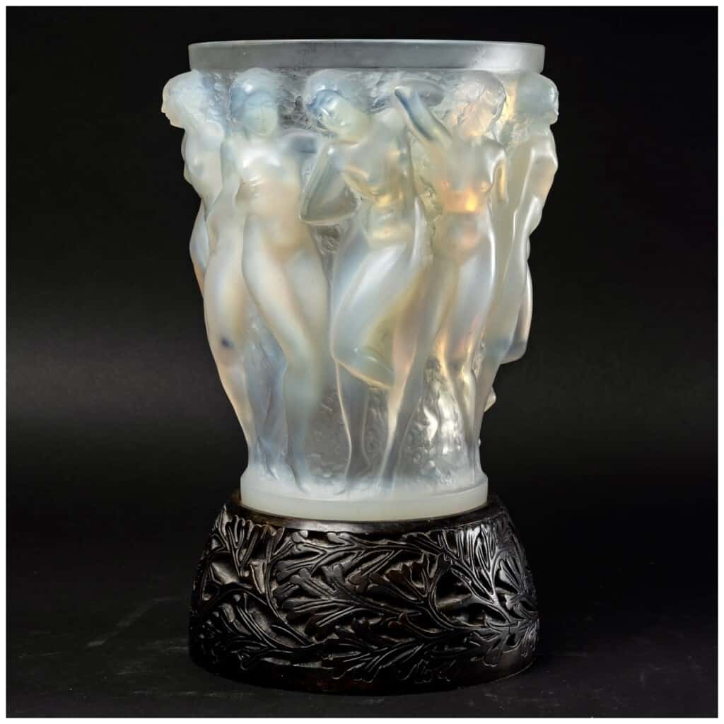 1927 René Lalique – Vase Bacchantes Verre Opalescent Socle En Bronze d’Origine 3